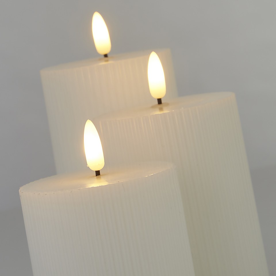 Pack of 3 LED Pillar Ribbed Candles White Homebase