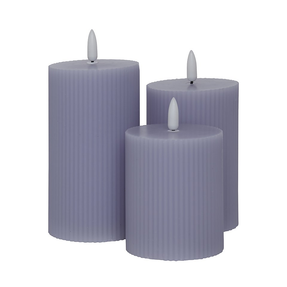 Pack of 3 LED Pillar Ribbed Candles - Grey