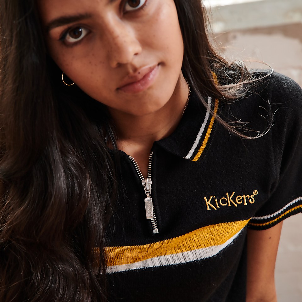 Women's Polo Crop Top with Chest Stripe Black