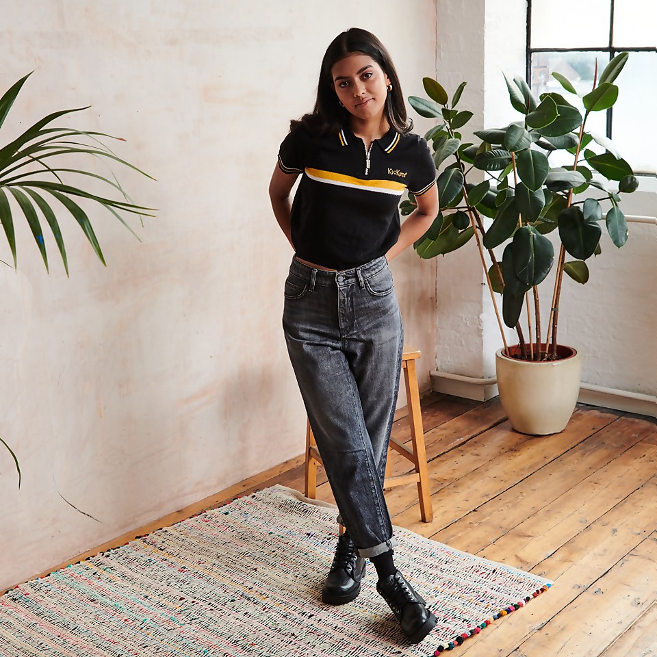 Women's Polo Crop Top with Chest Stripe Black