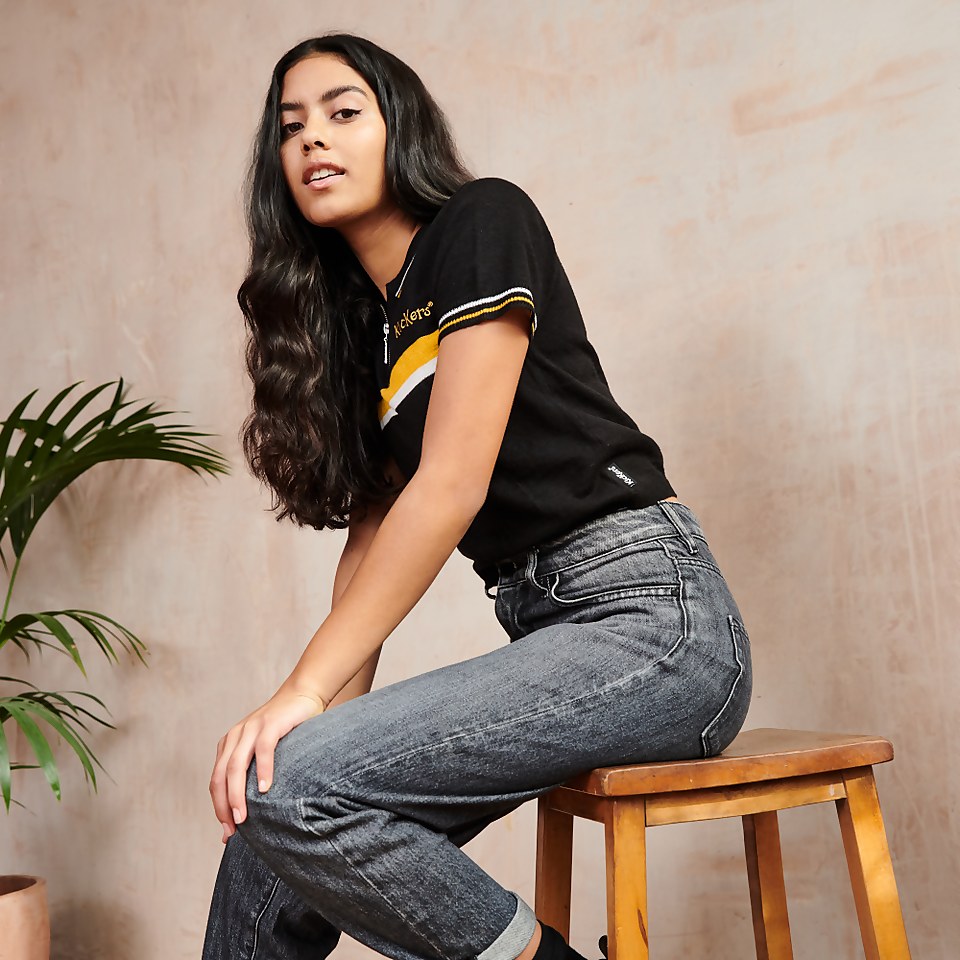 Women's Polo Crop Top with Chest Stripe Black