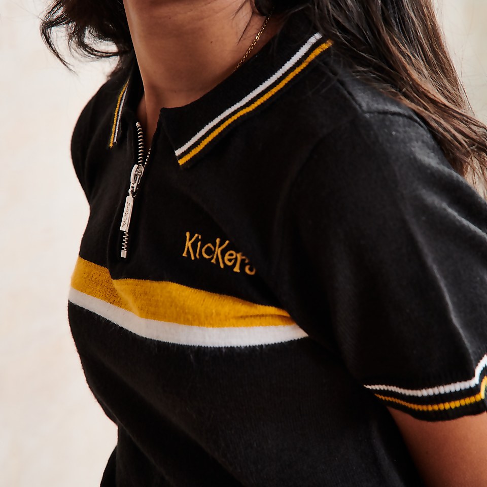 Women's Polo Crop Top with Chest Stripe Black
