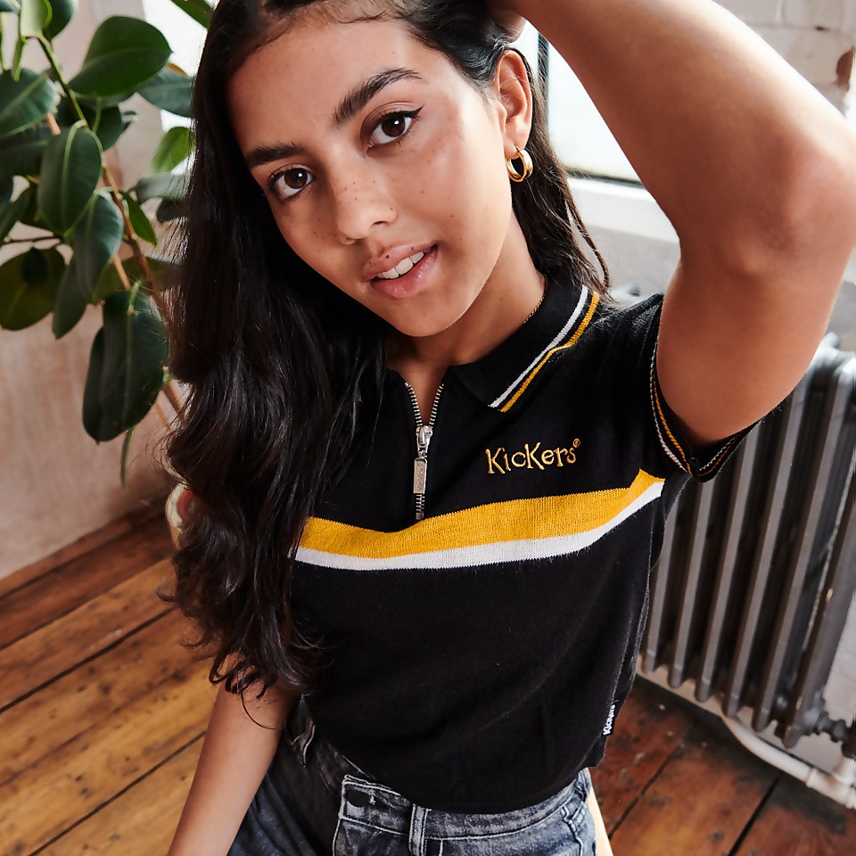 Women's Polo Crop Top with Chest Stripe Black