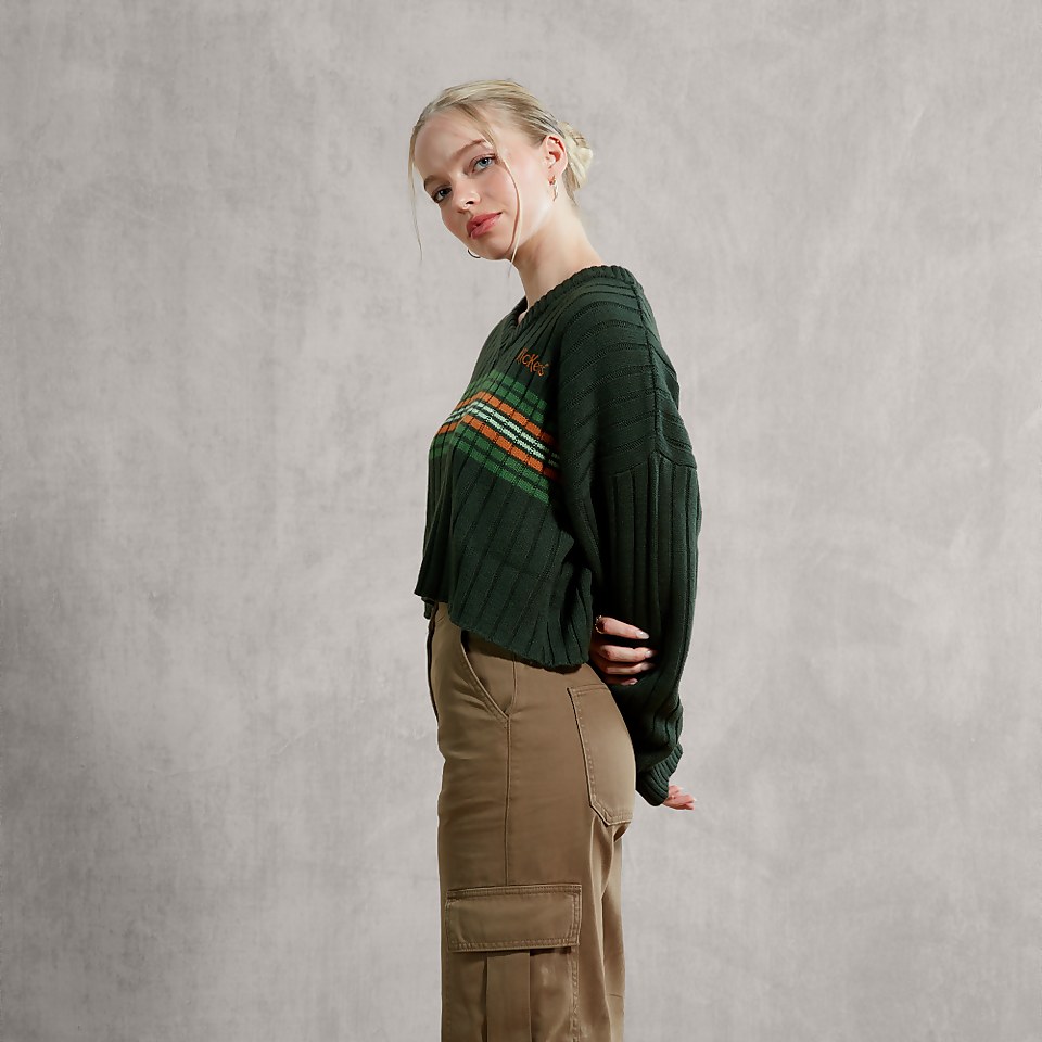 Women's V Neck Crop Jumper With Tan/Green