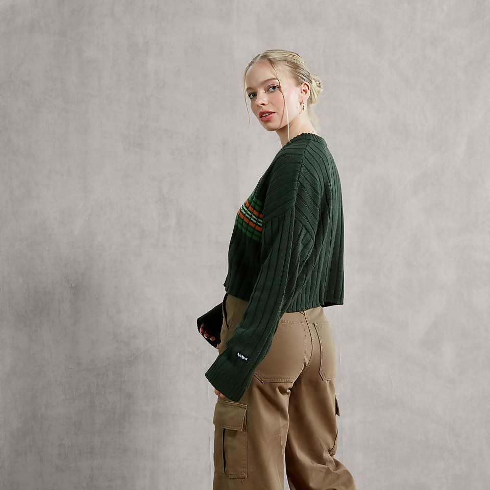 Women's V Neck Crop Jumper With Tan/Green