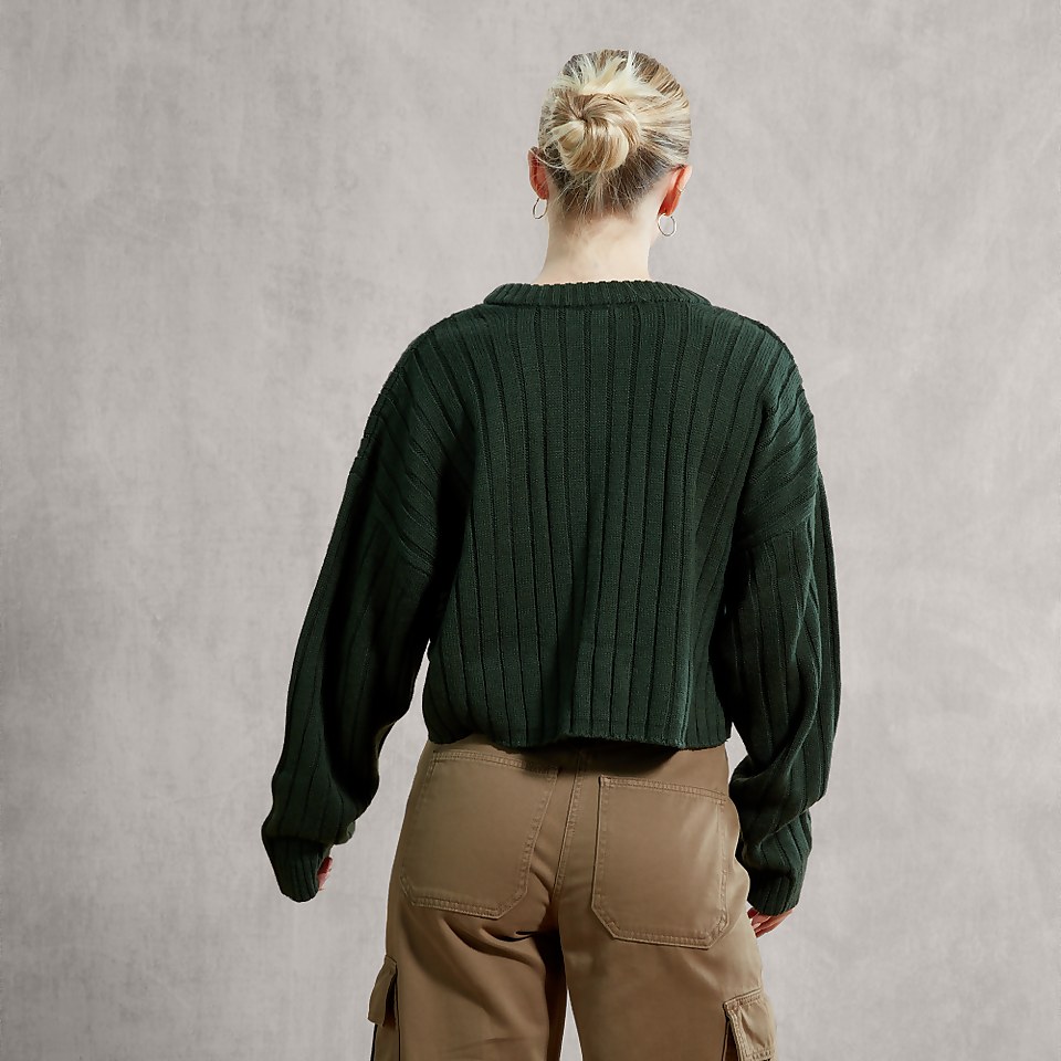 Women's V Neck Crop Jumper With Tan/Green