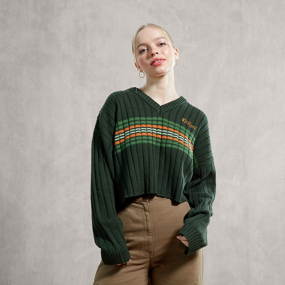 Women's V Neck Crop Jumper With Tan/Green