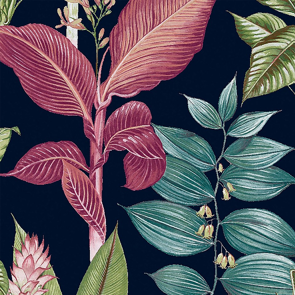Next Fantasy Rainforest Leaves Navy Wallpaper