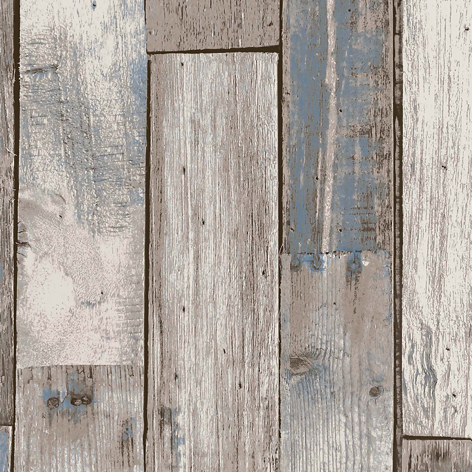 Next Distressed Wood Plank Neutral Blue Wallpaper