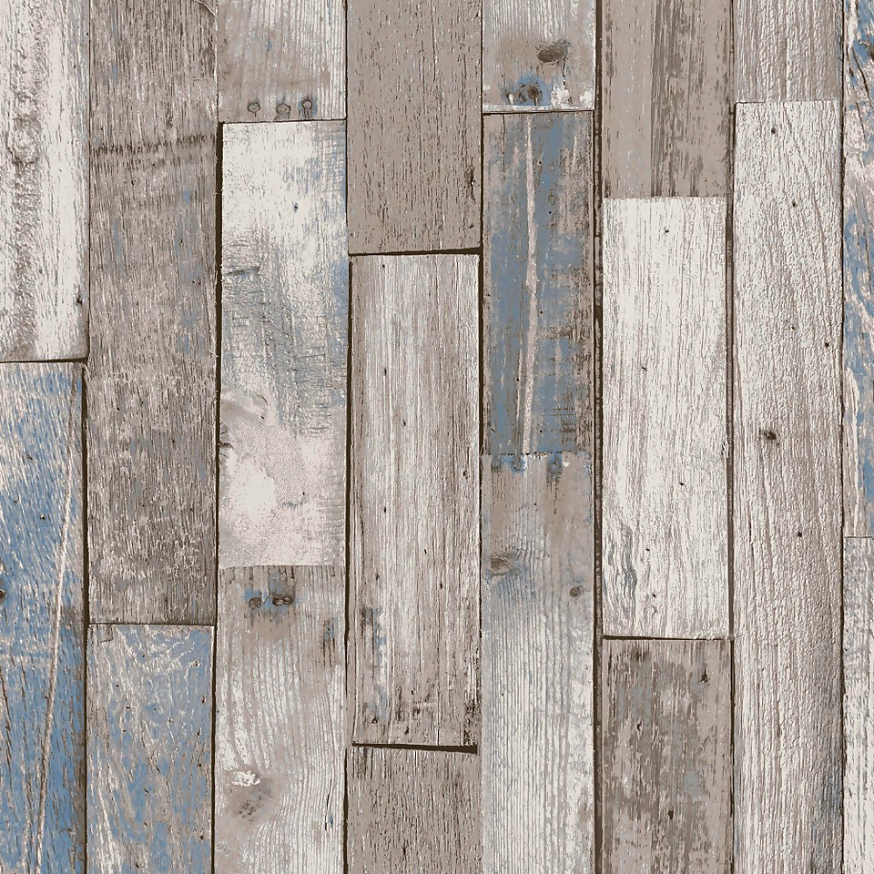 Next Distressed Wood Plank Neutral Blue Wallpaper