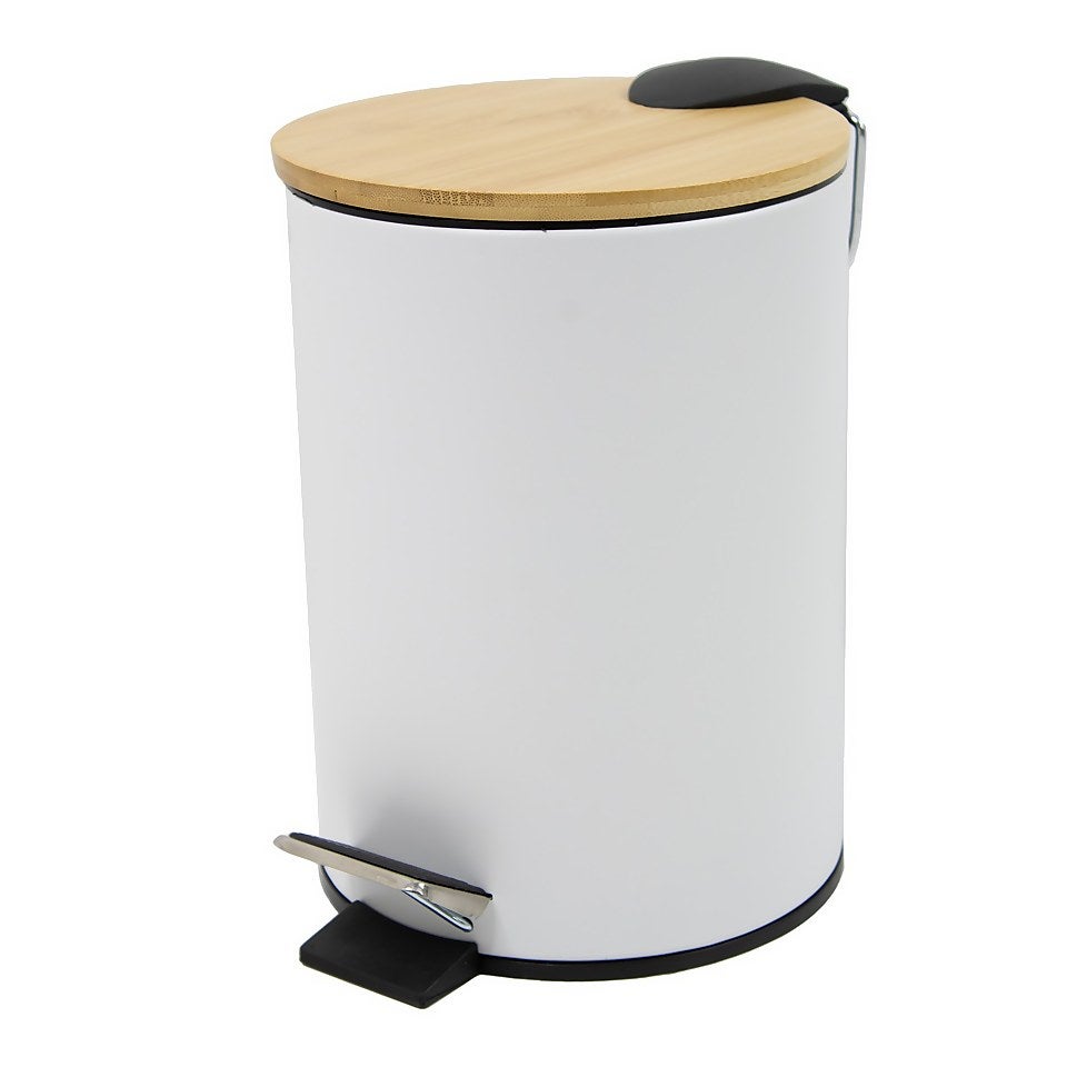 Homebase 3 Litre Pedal Bathroom Bin - White and Bamboo | Homebase