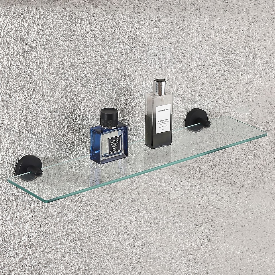 Glass Bathroom Shelf Black Round Mounting Brackets Homebase