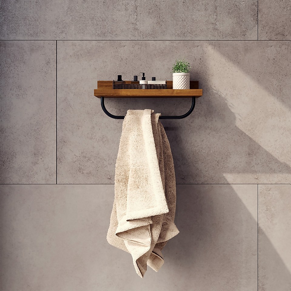 Bathroom Wall Shelf & Hanging Towel Rail - Mango Oak & Black