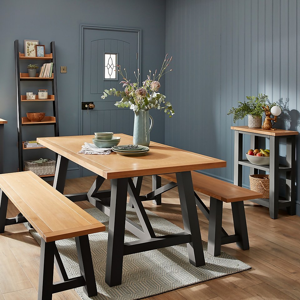 Ashstead Dining Table and 2 Benches Oak and Charcoal Homebase