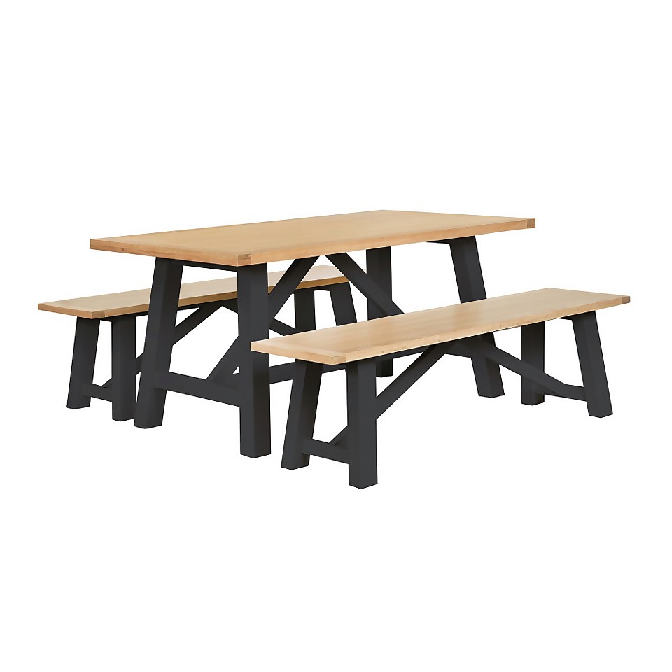 Ashstead Dining Table and 2 Benches Oak and Charcoal Homebase