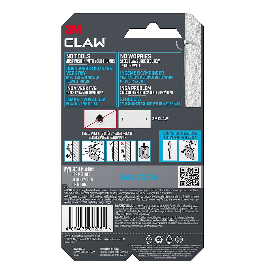 3M CLAW Drywall Picture Hanger 2 Pack -  7kg