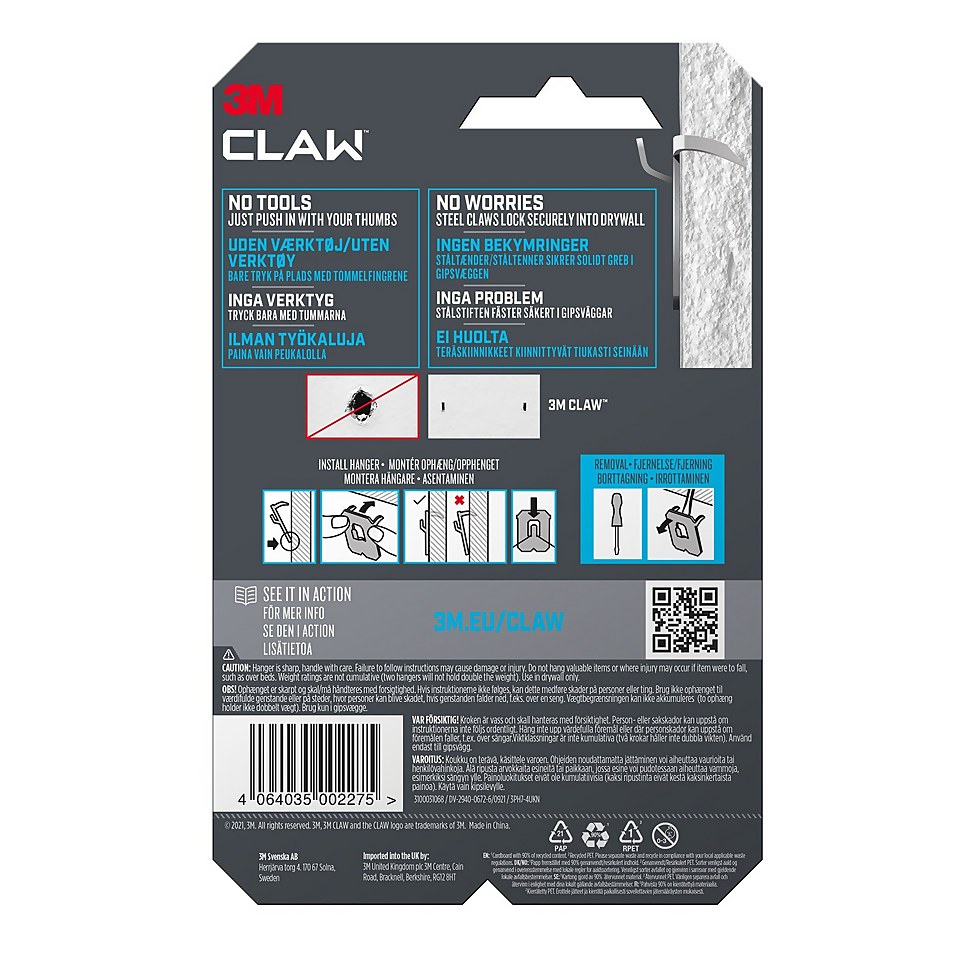 3M CLAW Drywall Picture Hanger 4 Pack - 7kg
