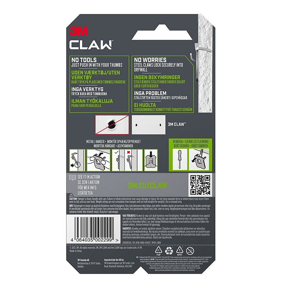 3M CLAW Drywall Picture Hanger 2 Pack - 11kg