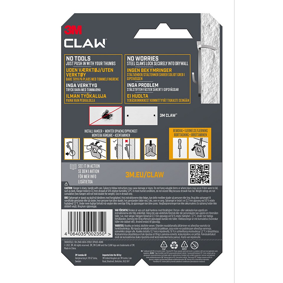 3M CLAW Drywall Picture Hanger 4 Pack - 20kg