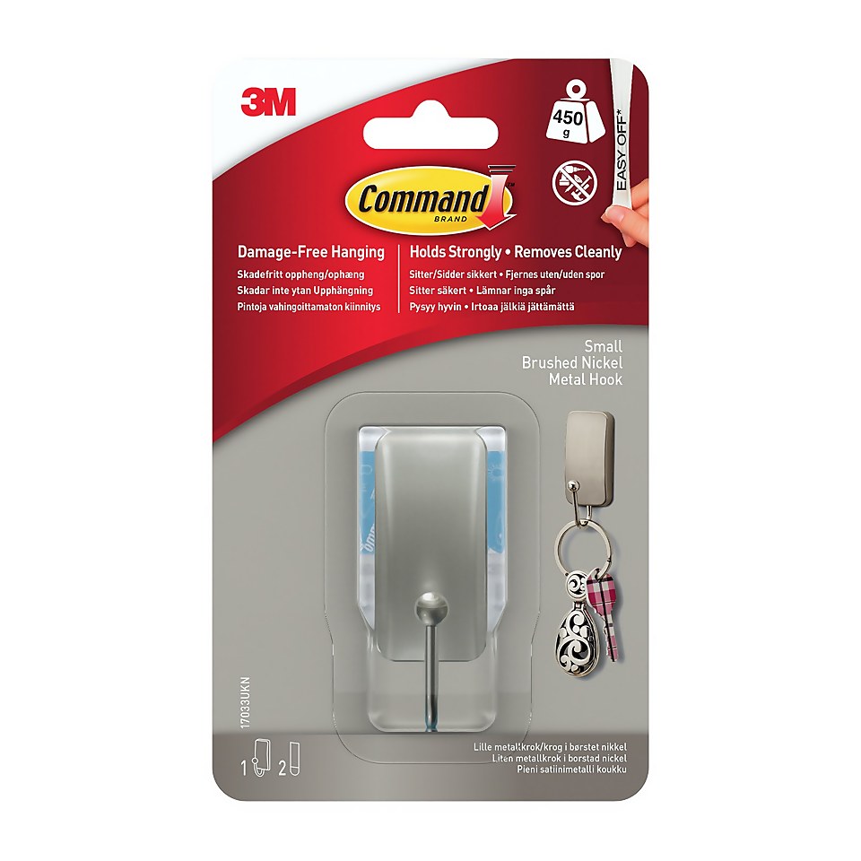Command™ Small Brushed Nickel Hook - 1 Hook, 2 Strips