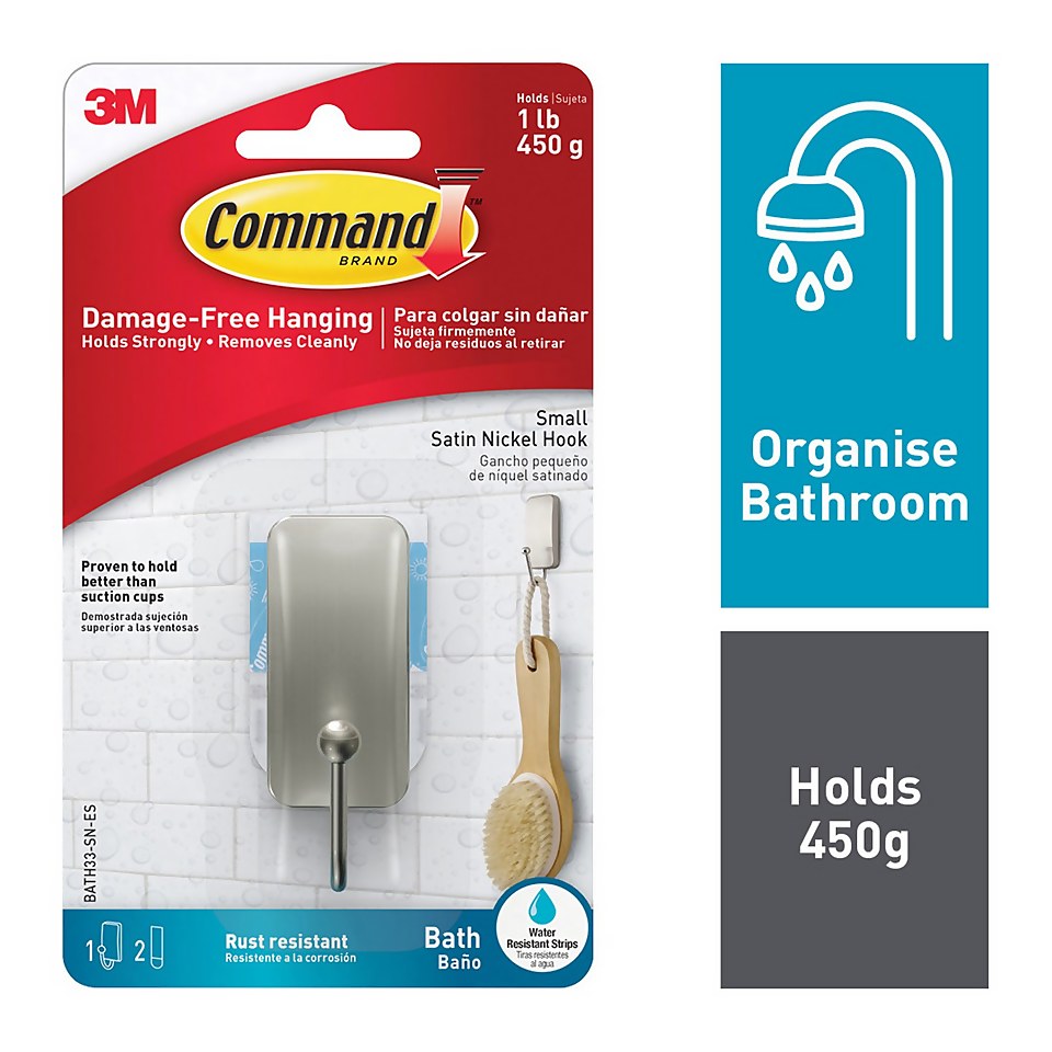 Command™ Small Satin Nickel Bathroom Hook