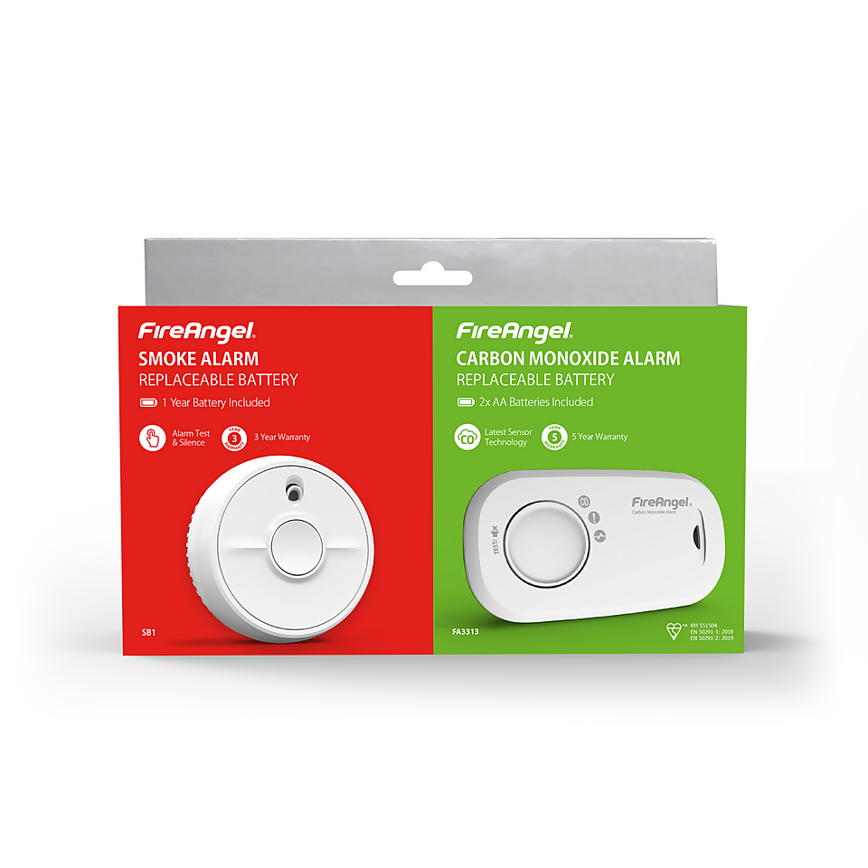 FireAngel Optical Smoke Alarm + Carbon Monoxide Alarm with 1 Year Replaceable Batteries - Twin Pack