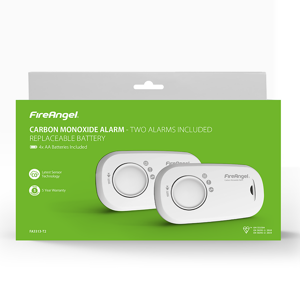 FireAngel Carbon Monoxide Detector & Alarm with 1 Year Replaceable Batteries (Twin Pack)