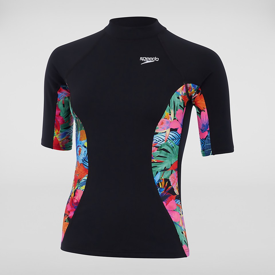 Bedrucktes kurzärmliges Rash Top Schwarz/Pink für Damen