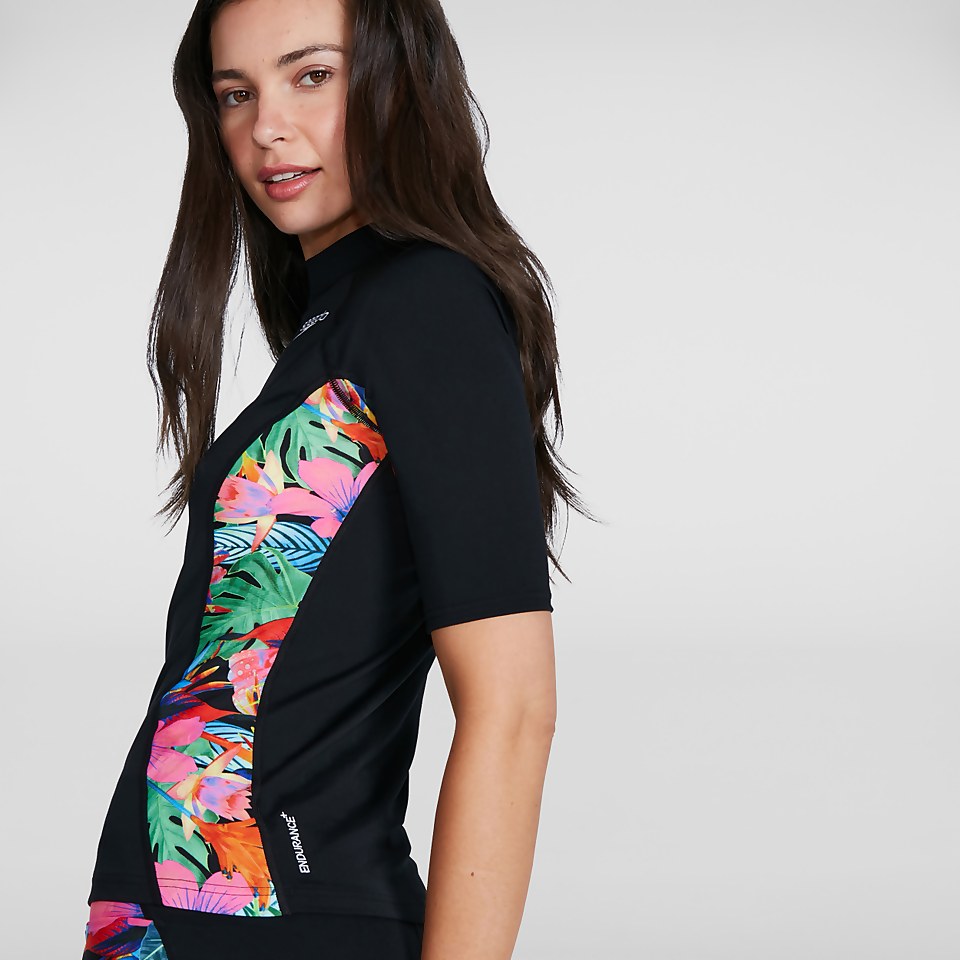 Bedrucktes kurzärmliges Rash Top Schwarz/Pink für Damen