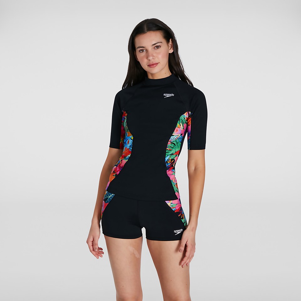 Bedrucktes kurzärmliges Rash Top Schwarz/Pink für Damen