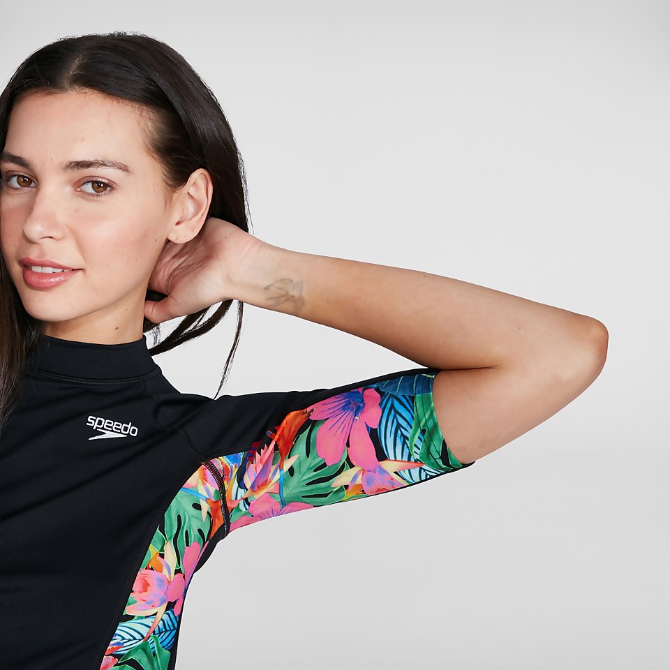 Bedrucktes kurzärmliges Rash Top Schwarz/Pink für Damen
