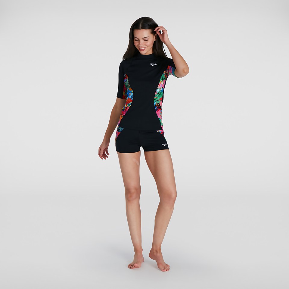 Bedrucktes kurzärmliges Rash Top Schwarz/Pink für Damen