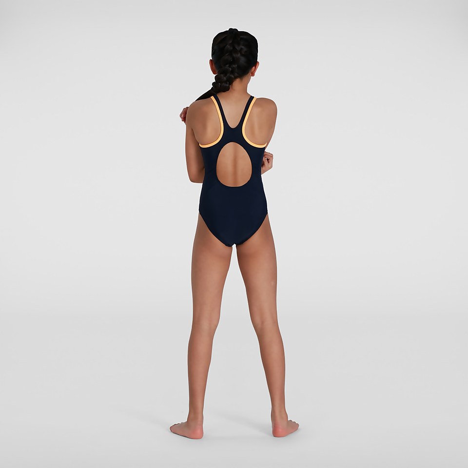 Girls' Boom Logo Splice Muscleback Swimsuit Blue/Orange
