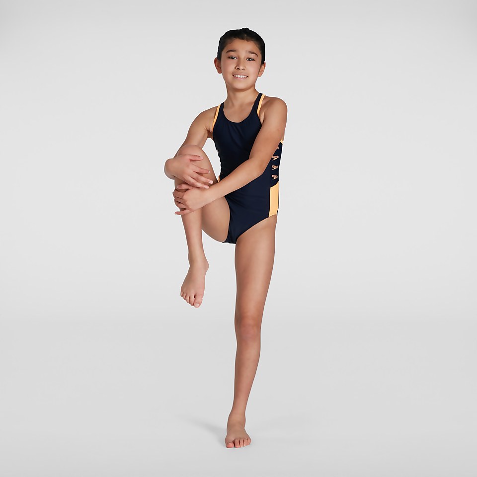 Girls' Boom Logo Splice Muscleback Swimsuit Blue/Orange