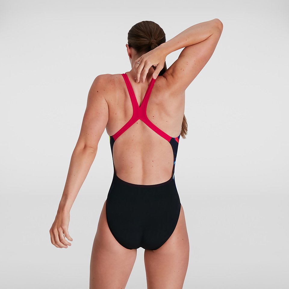 Placement Digital Powerback Badeanzug Schwarz/Lila für Damen