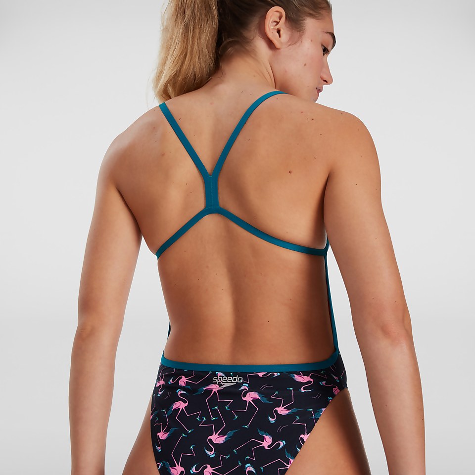 Maillot de bain Femme Flamingo Flare Allover dos en V bleu/rose