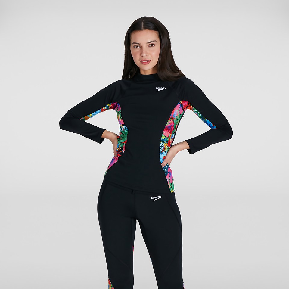 Bedrucktes langärmliges Rash Top Schwarz/Pink für Damen