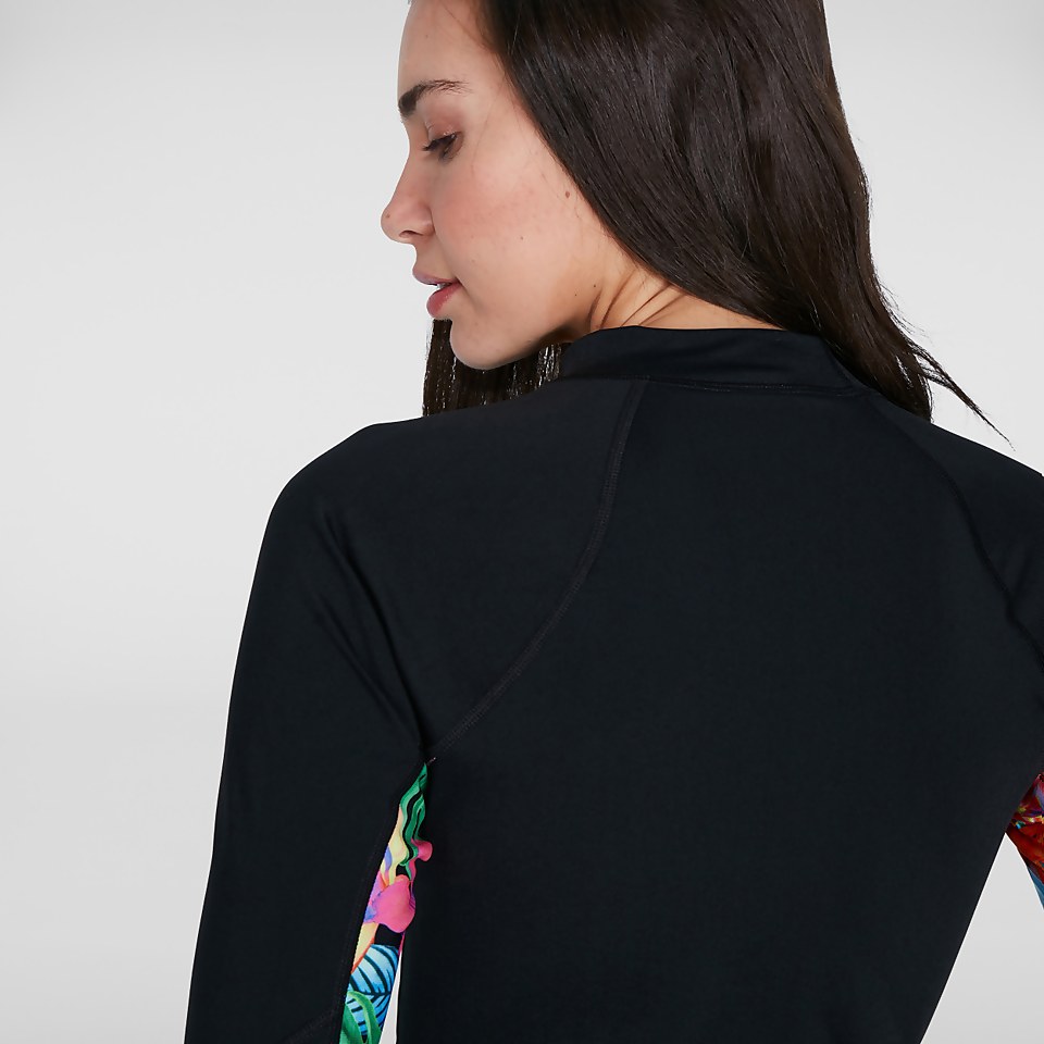 Bedrucktes langärmliges Rash Top Schwarz/Pink für Damen