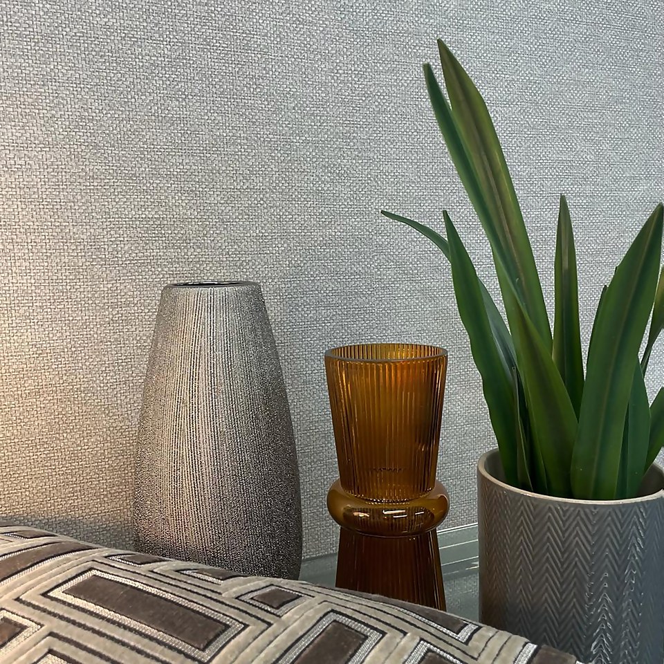 Belgravia Decor Palm Weave Textured Silver Wallpaper
