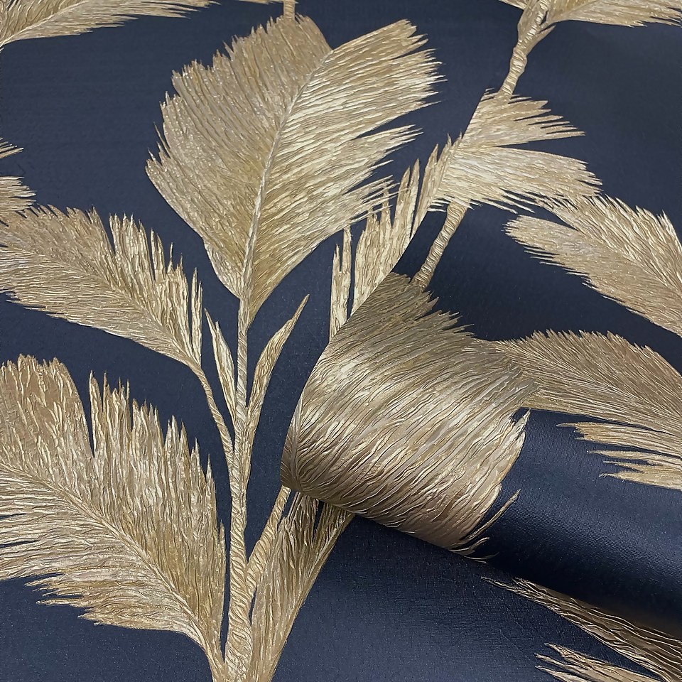 Belgravia Decor Alessia Leaf Textured Navy Wallpaper A4 Size Sample