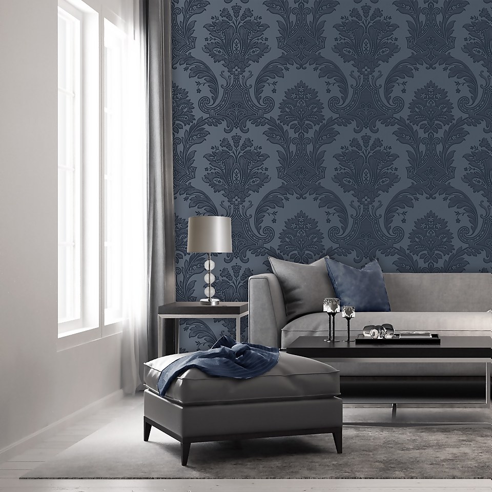 Belgravia Decor Amara Damask Dark Blue Textured Wallpaper A4 Size Sample