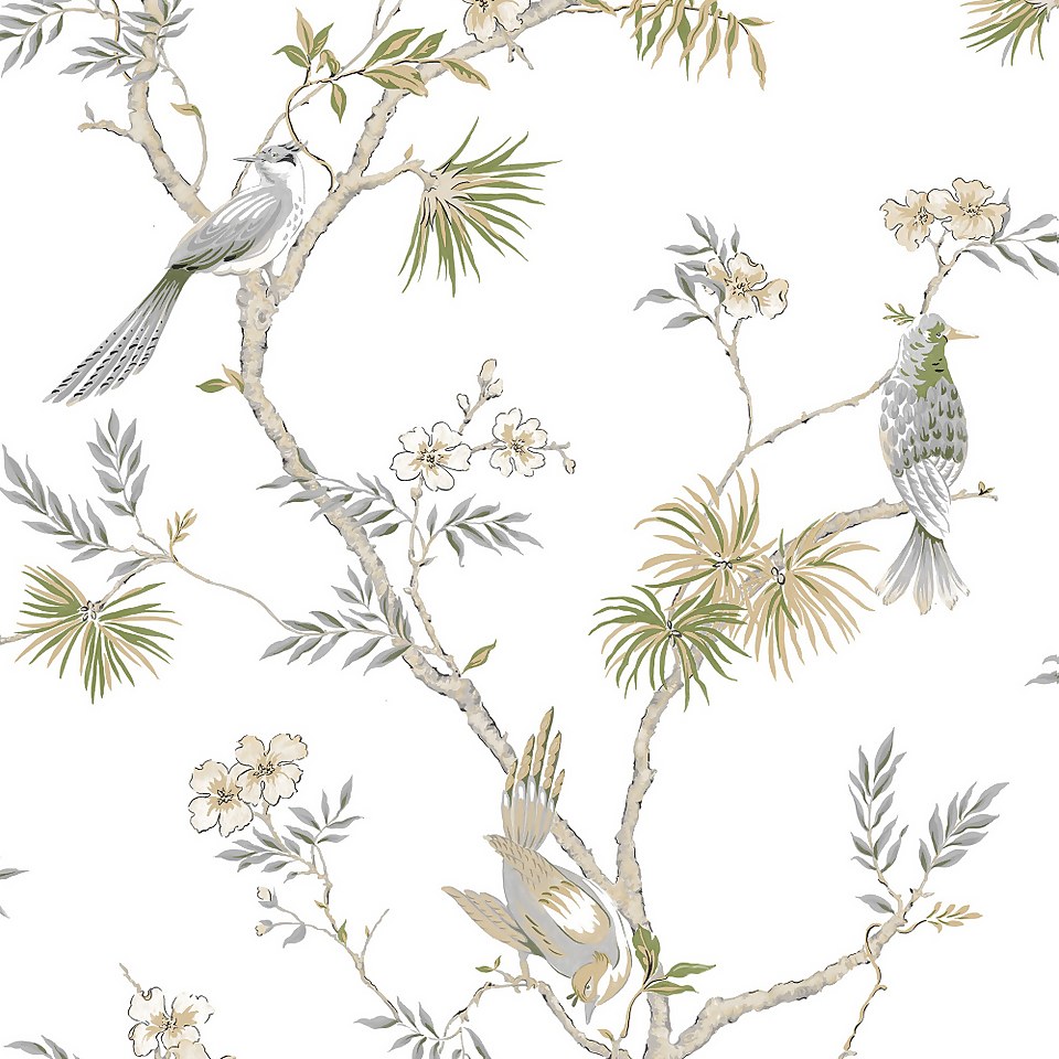 Galerie Chinoiserie Bird Grey Wallpaper