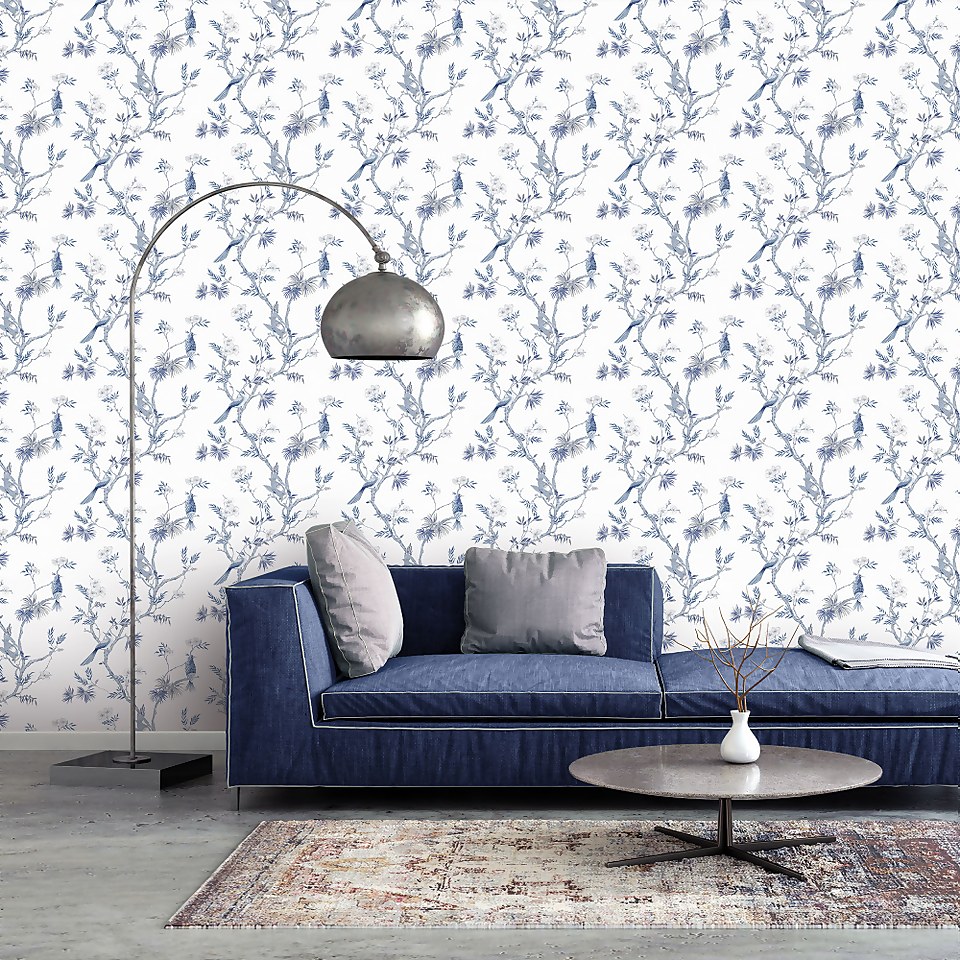 Galerie Chinoiserie Bird Blue A4 Wallpaper Sample