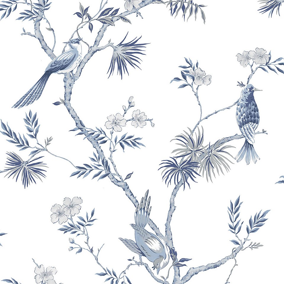 Galerie Chinoiserie Bird Blue A4 Wallpaper Sample