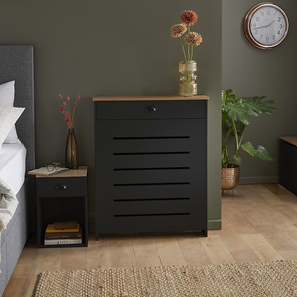 Barnford Small Radiator Cover with Drawer in Black & Oak Effect