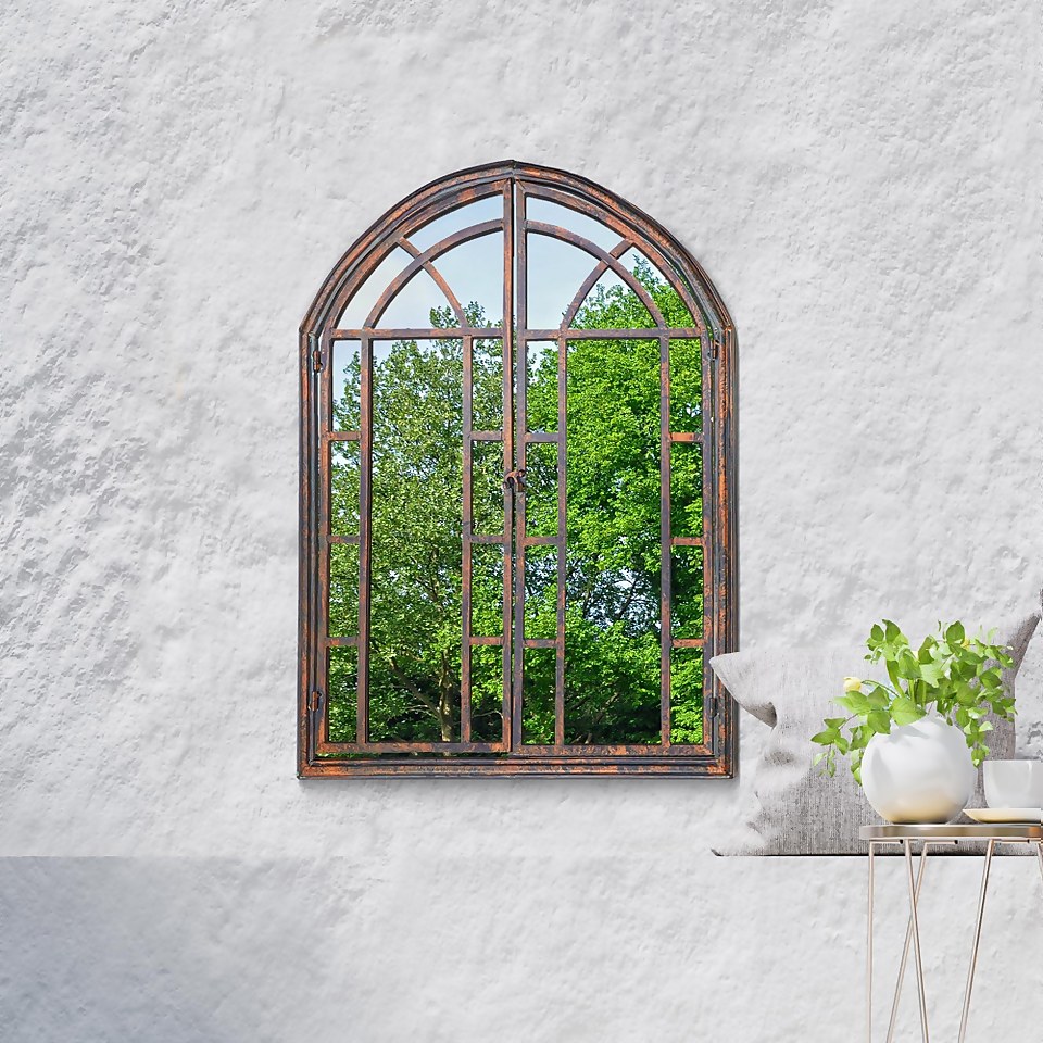 MirrorOutlet Metal Arched Decorative Window Opening Garden Mirror - 78x61cm