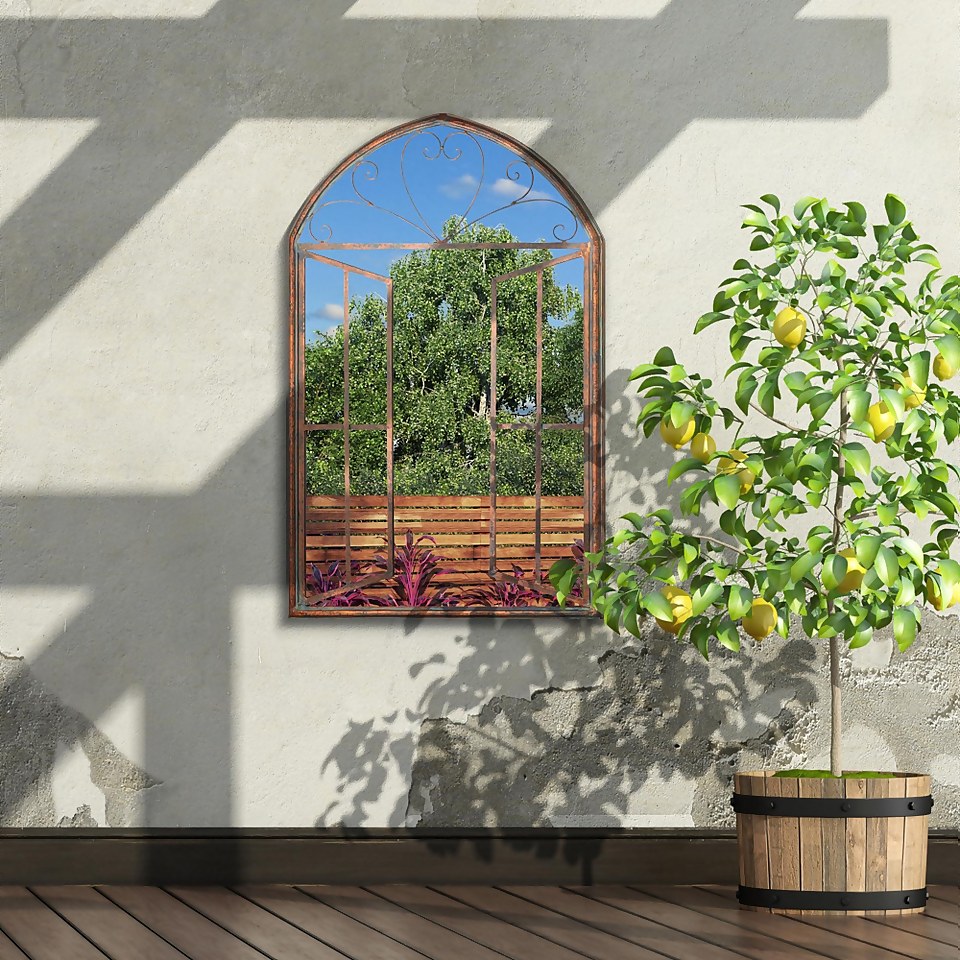 MirrorOutlet Metal Arched Decorative Window Effect Garden Mirror - 92x61cm