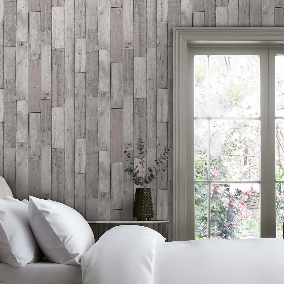 Next Distressed Wood Plank Grey Wallpaper