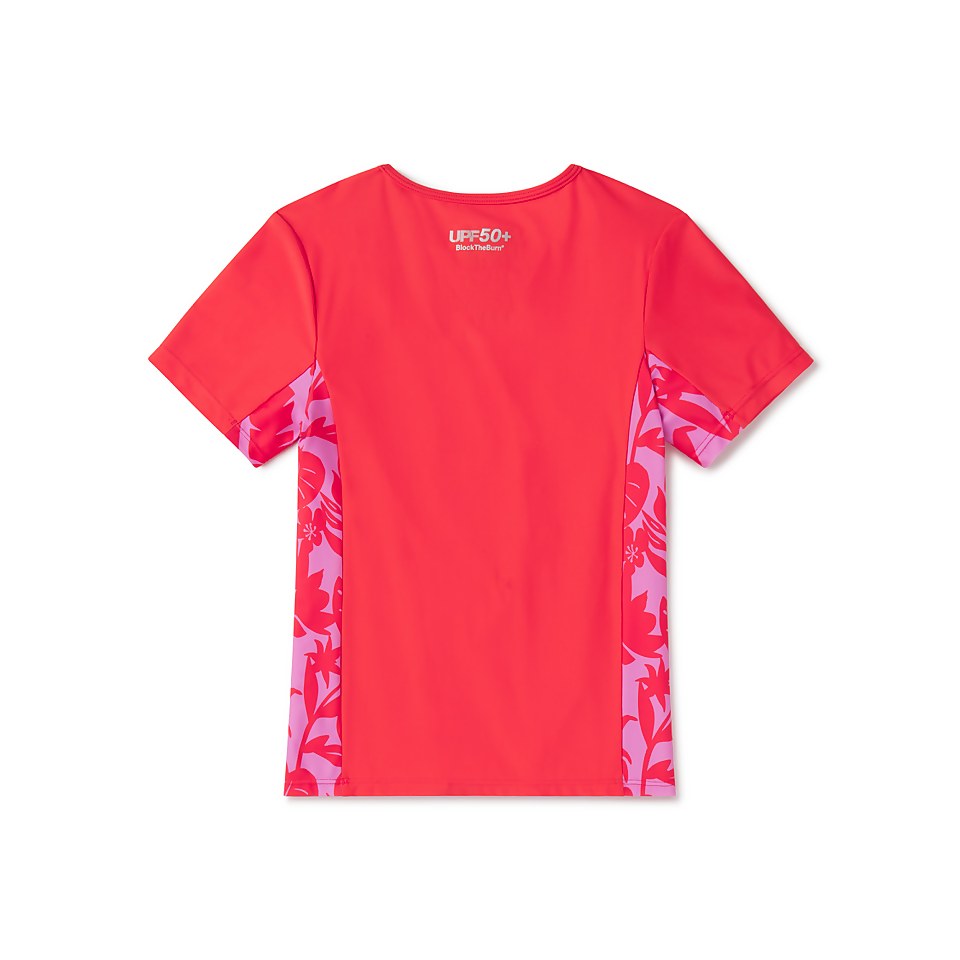 Girl's Short Sleeve Print Splice Rashguard Red