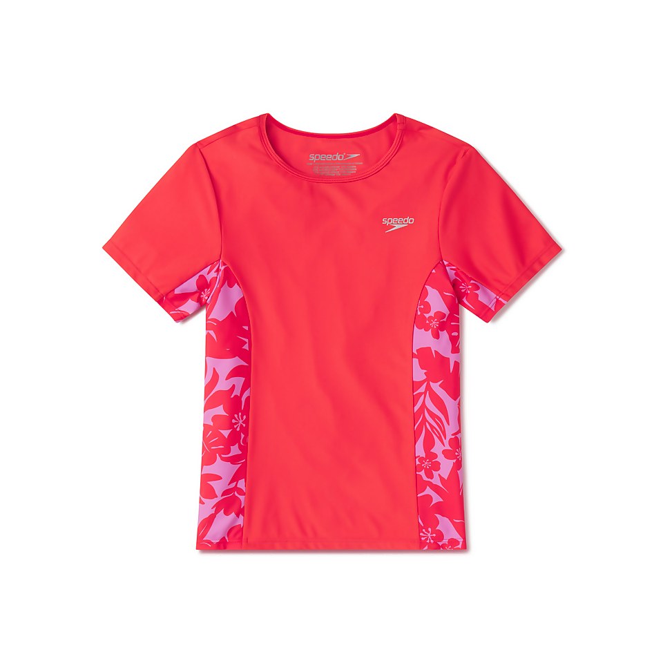 Girl's Short Sleeve Print Splice Rashguard Red